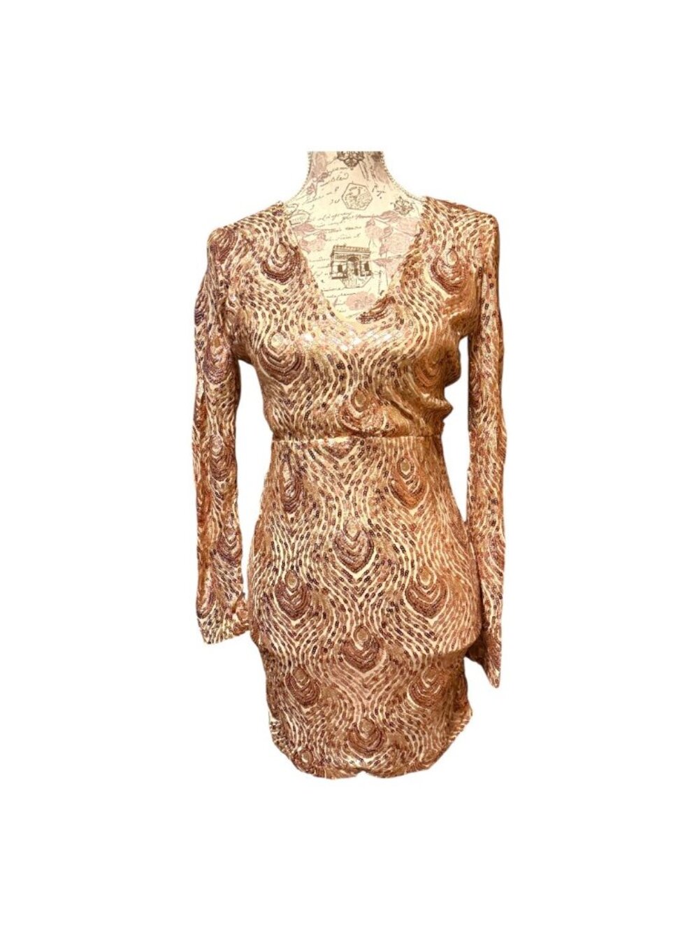 Privy Womens Sequin Mini Dress With Long Sleeves & V-Neck Rose Gold & Nude Small